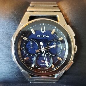 Bulova CUERVED Blue Silver Watch with Sophisticated Design